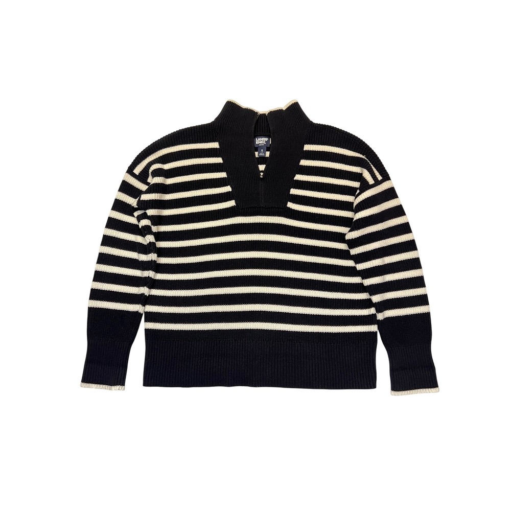 Lands' End Drifter Navy White Striped Nautical Quarter Zip 100% Cotton Sweater S